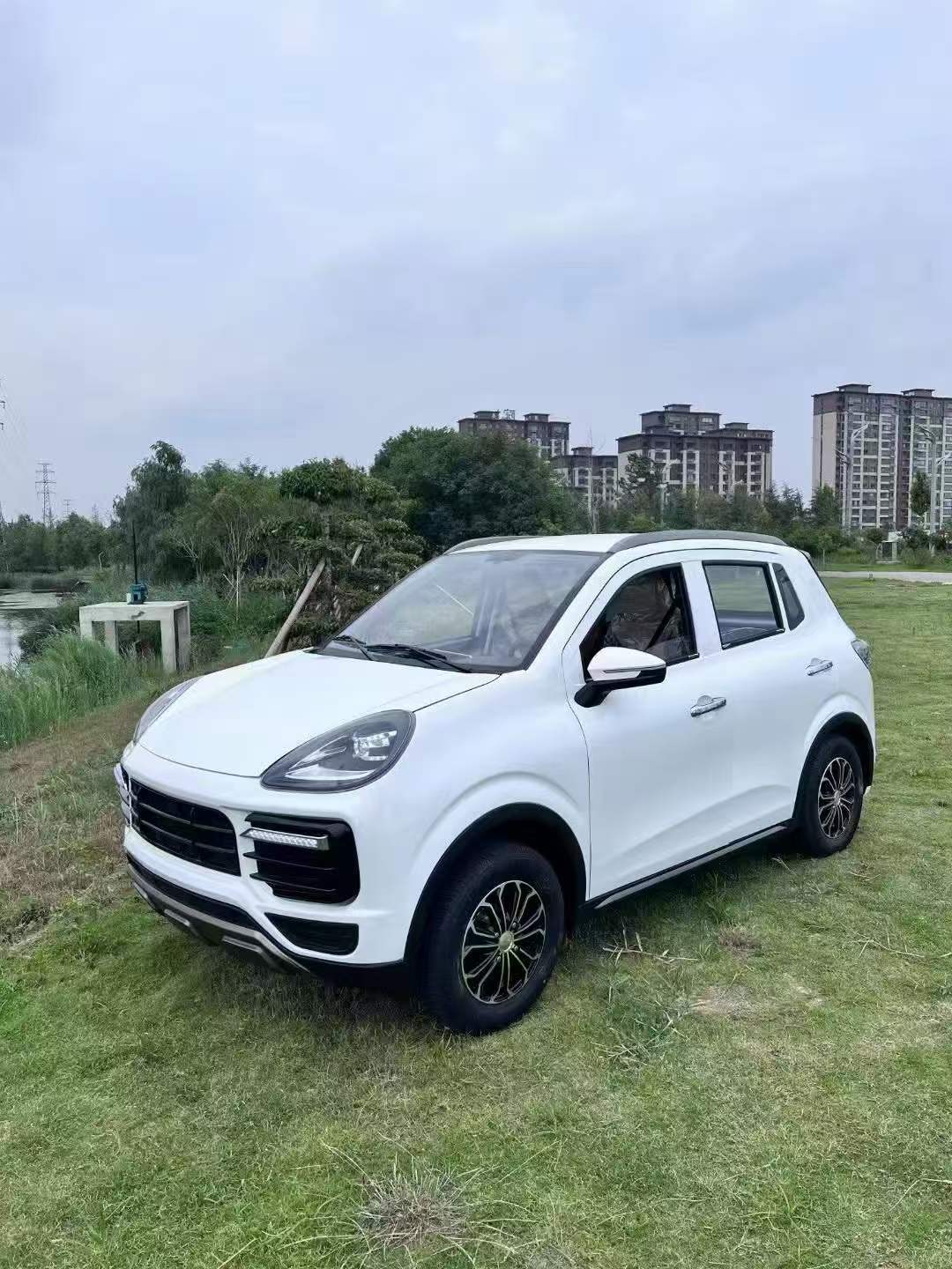 White SUV parked on grass with buildings in the background