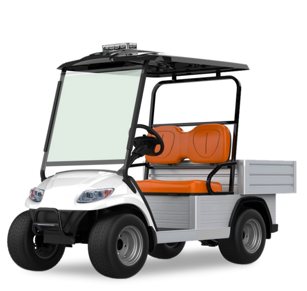 ocean cartz three-quarter front studio shot of a white utility electric vehicle with a black roof, set against a pure white background. This specialized two-seater work cart features bright orange seats, a silver aluminum rear cargo bed with drop-down sides, and a large windshield. The electric utility truck is equipped with a small light bar on the roof and silver utility wheels, highlighting its heavy-duty hauling and property maintenance function.