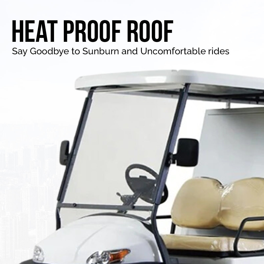 ocean cartz promotional image highlighting the heat proof roof on a white two-seater utility golf cart. The shot focuses on the white roof and the clear windshield, with text promoting the heat proof roof for comfort and sun protection. The image shows the tan seats of the electric work cart, emphasizing this key comfort feature for the service vehicle.