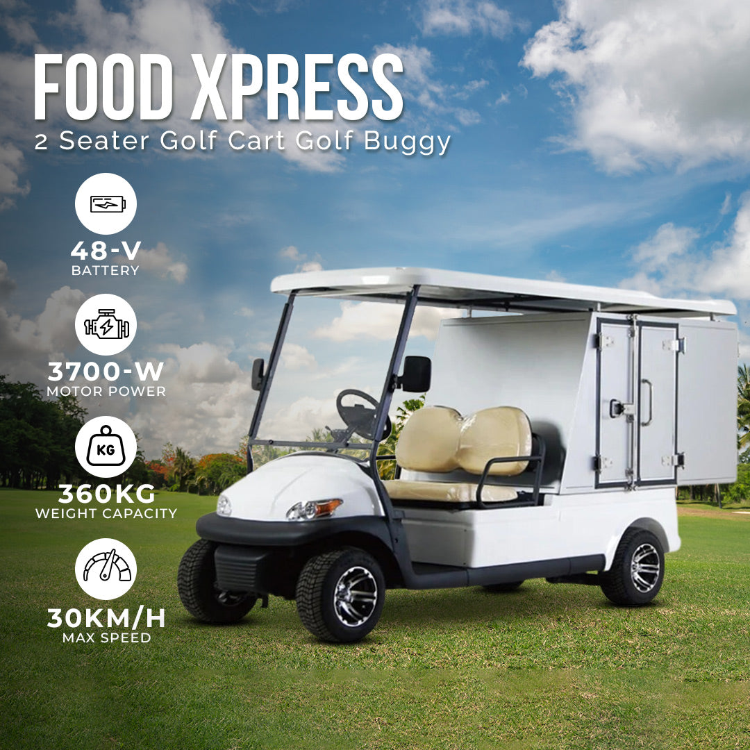 ocean cartz promotional image of a white electric food delivery golf cart labeled "FOOD XPRESS," parked on a grassy field under a sunny, blue sky. This two-seater food service buggy features tan seats and a white rear compartment with a silver access door. Key specifications displayed are the 48-V battery, 3700-W motor power, 360KG weight capacity, and 30KM/H max speed, highlighting its efficiency for food delivery and commercial use.
