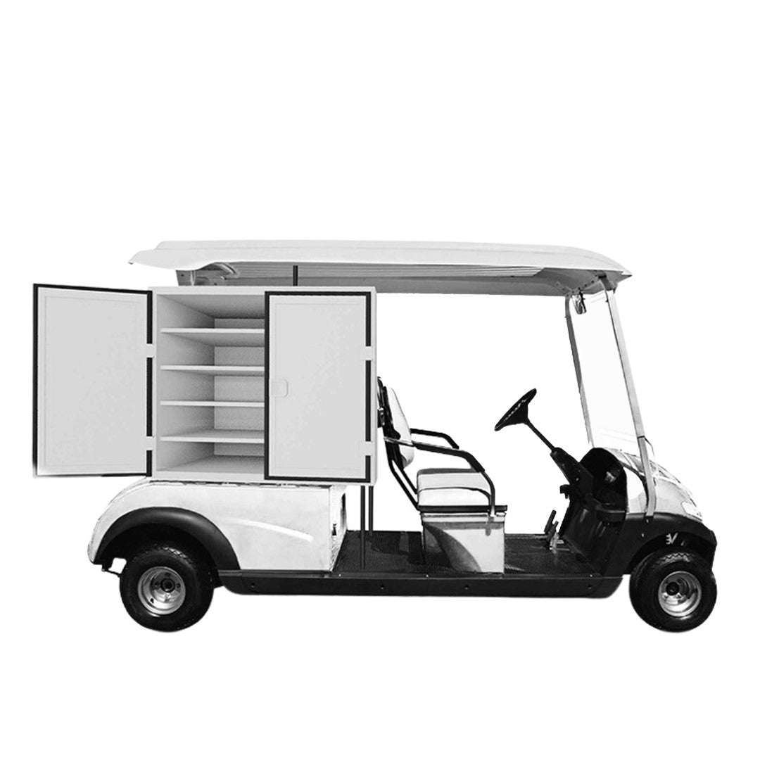 ocean cartz side profile studio shot of a white two-seater utility golf cart with a white roof, set against a pure white background. This specialized electric work cart features a unique rear compartment with double storage cabinets open to reveal multiple internal shelving units, highlighting its use as a maintenance or service vehicle for resort or industrial properties