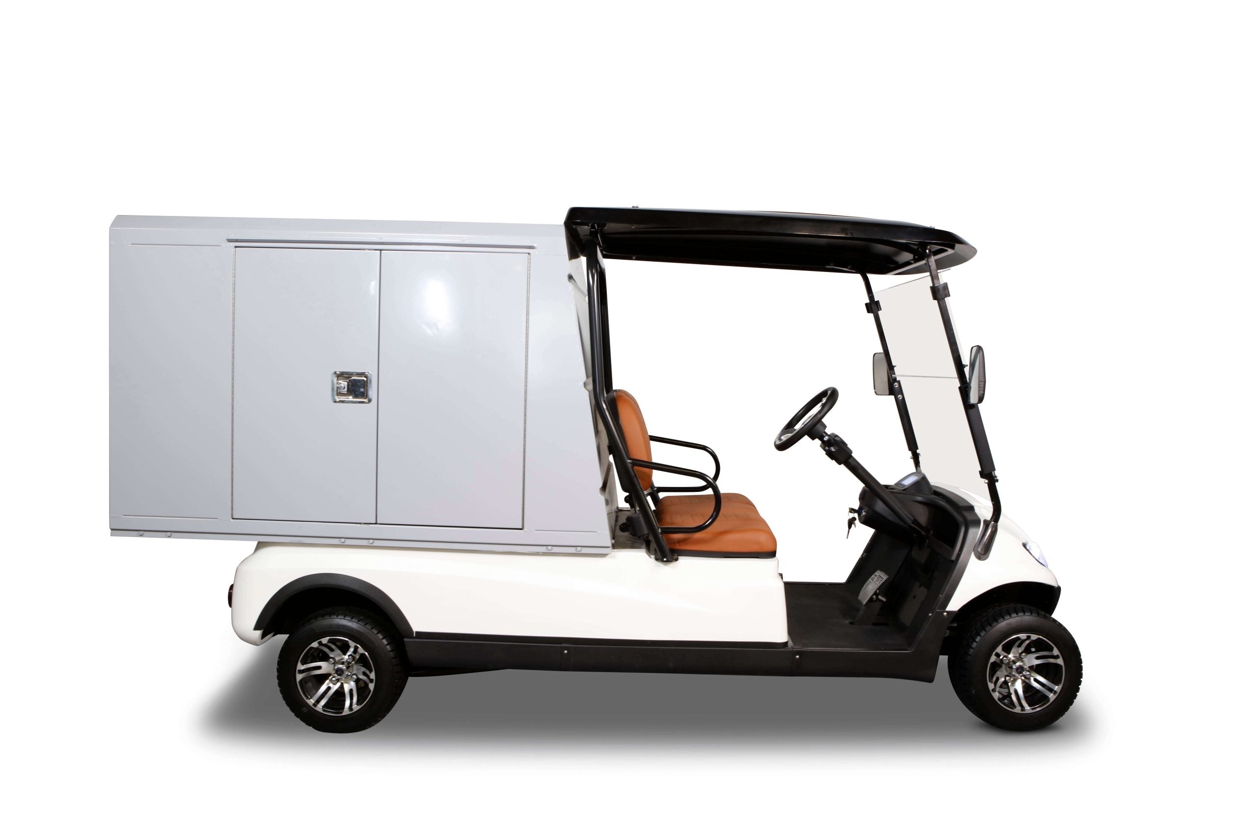 ocean cartz side profile studio shot of a white two-seater utility golf cart with a black roof, set against a pure white background. This specialized electric work cart features a large, enclosed grey rear cargo box with double doors and a central lock. The cab area has brown seats and a windshield. The electric service vehicle is equipped with custom silver and black wheels, highlighting its function for secure maintenance and delivery tasks.