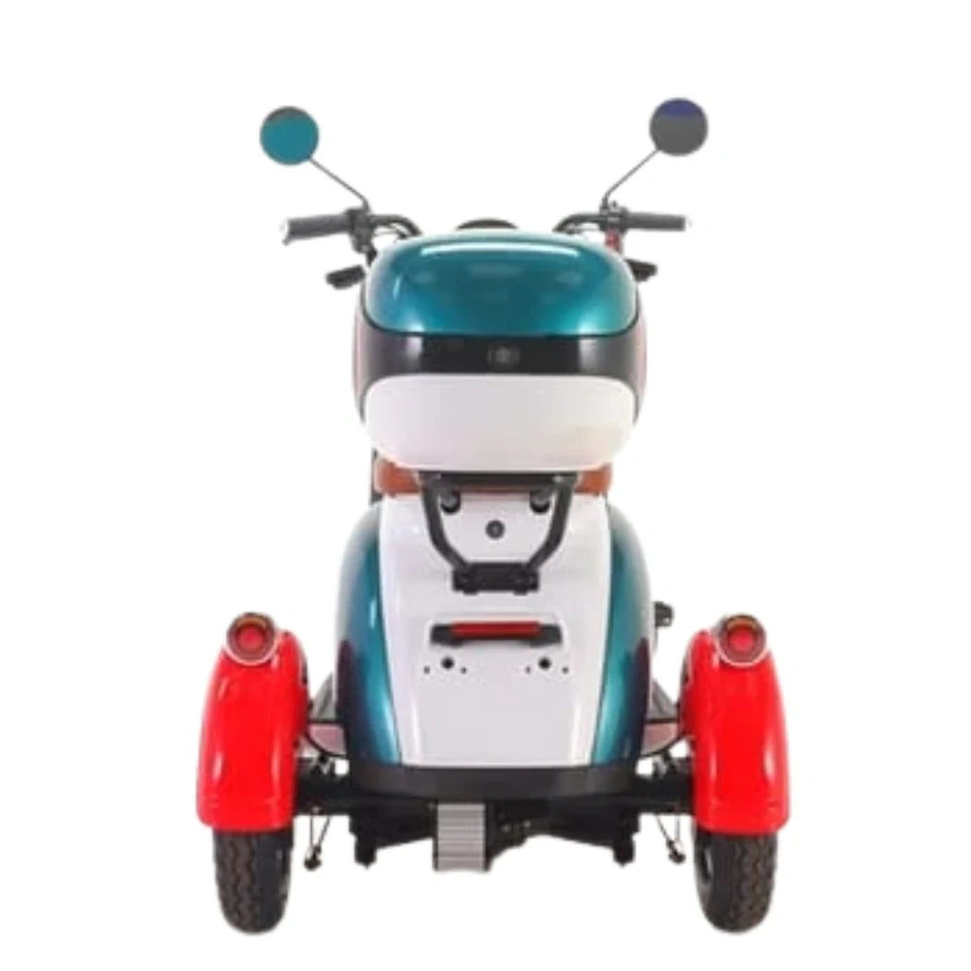 ocean cartz straight rear view of a three wheel electric scooter in a teal, white, and red color scheme. The image prominently features the round rear storage box, the two rear wheels with red fenders, and the vintage style tail lights. This view highlights the stable three wheel design and the aesthetic appeal of this multi-passenger electric mobility vehicle.