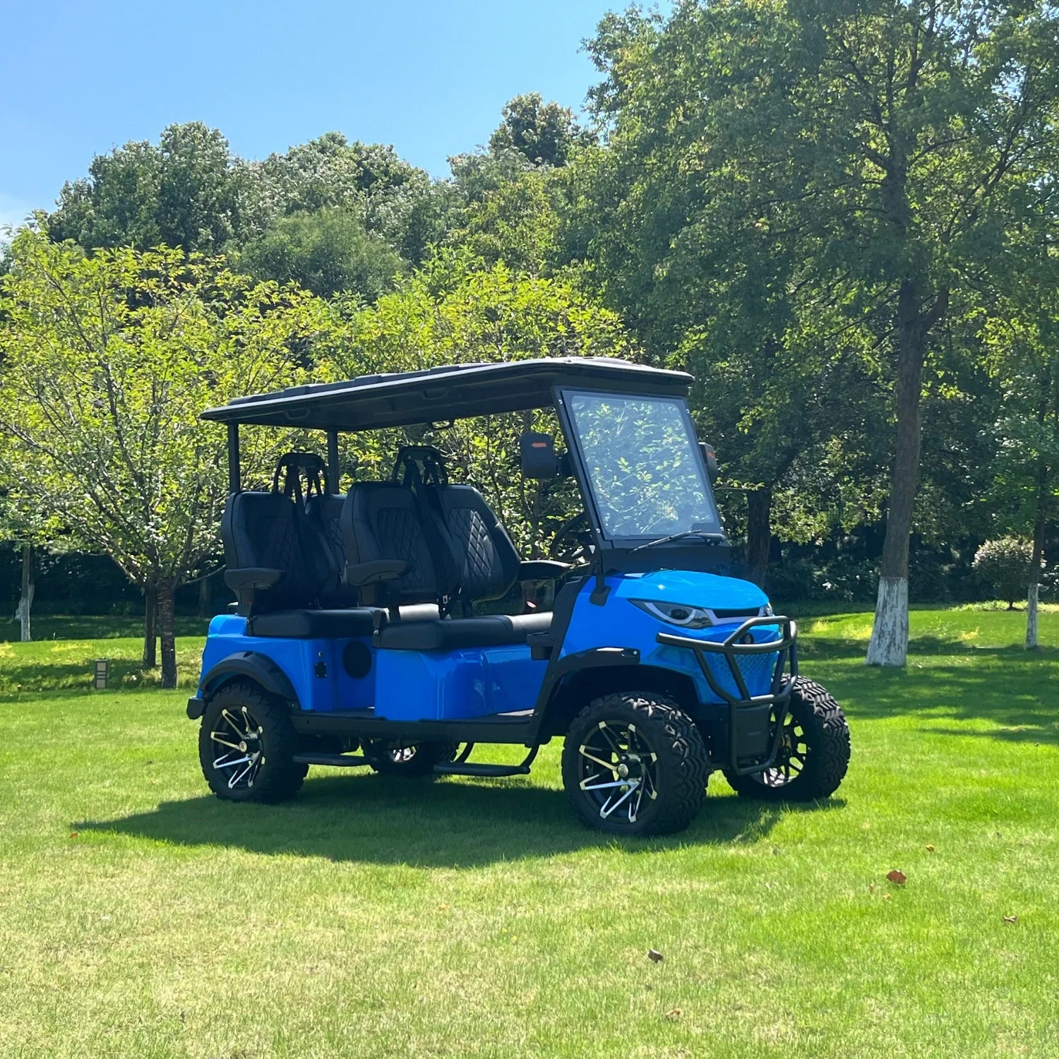Blue golf cart on a grassy area with trees in the background