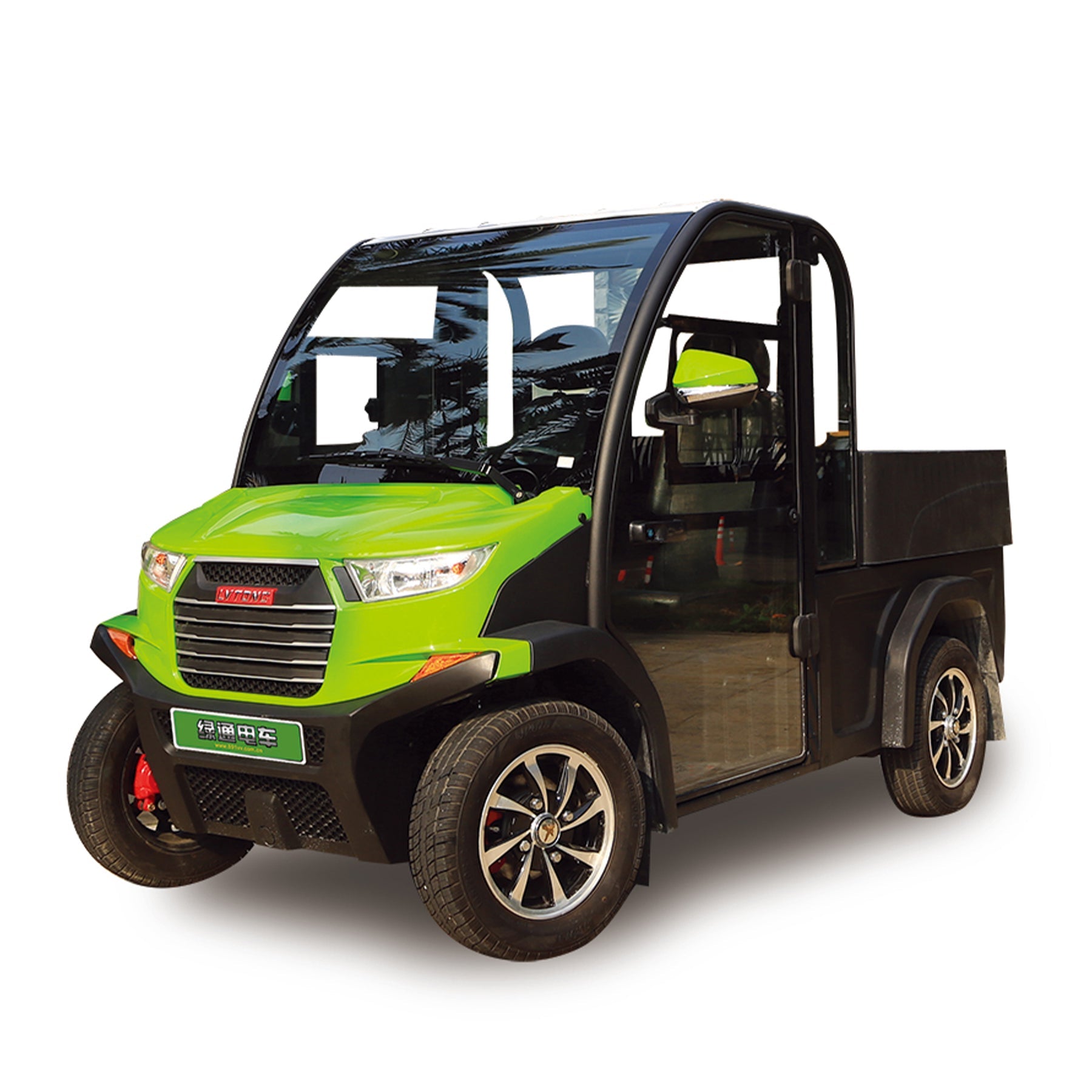 ocean cartz three-quarter front studio shot of a lime green and black utility electric vehicle with a fully enclosed cab and a small rear cargo bed, set against a white background. This two-seater commercial NEV or electric work cart features a bright green hood, black enclosed doors, and a black open-top cargo area. It is equipped with custom black and silver wheels, highlighting its use for vibrant, efficient last-mile delivery and utility tasks.