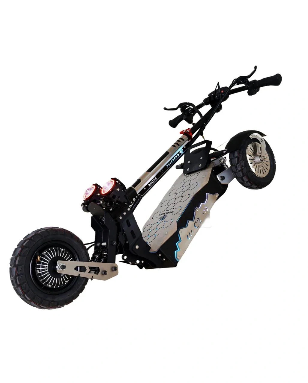 ocean cartz side view of a high performance three wheel electric scooter lifted to showcase the dual motor wheel, advanced suspension system, and wide standing deck. This heavy duty off road e-scooter features large all terrain tires, dual front lights, and is designed for maximum power and stability.