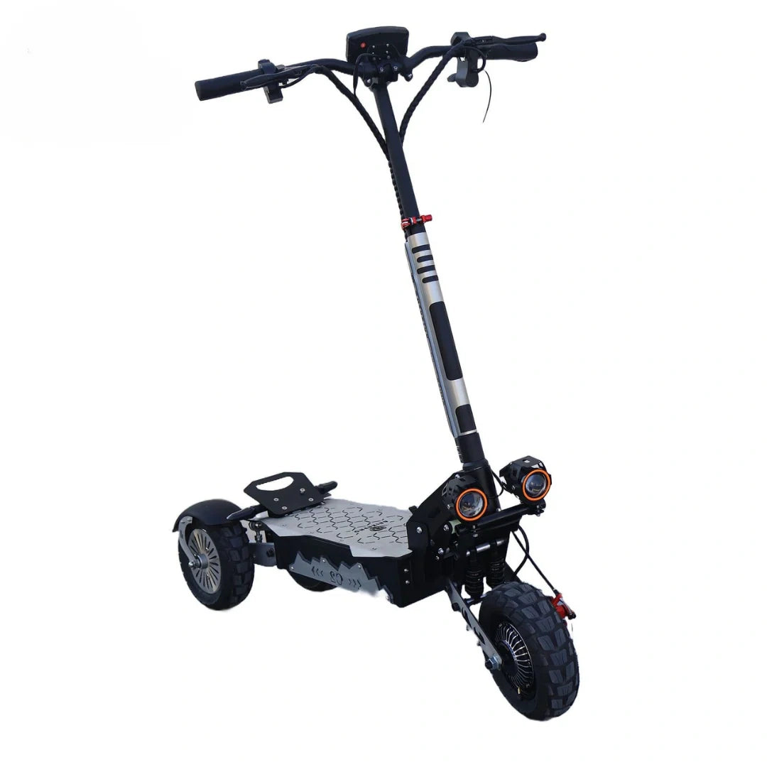 ocean cartz front view of a powerful three wheel electric scooter, highlighting the wide handlebars, thick steering column with silver accents, and dual front spotlights. This heavy duty off road e-scooter features a honeycomb grip deck and robust suspension for all terrain performance and a secure ride.