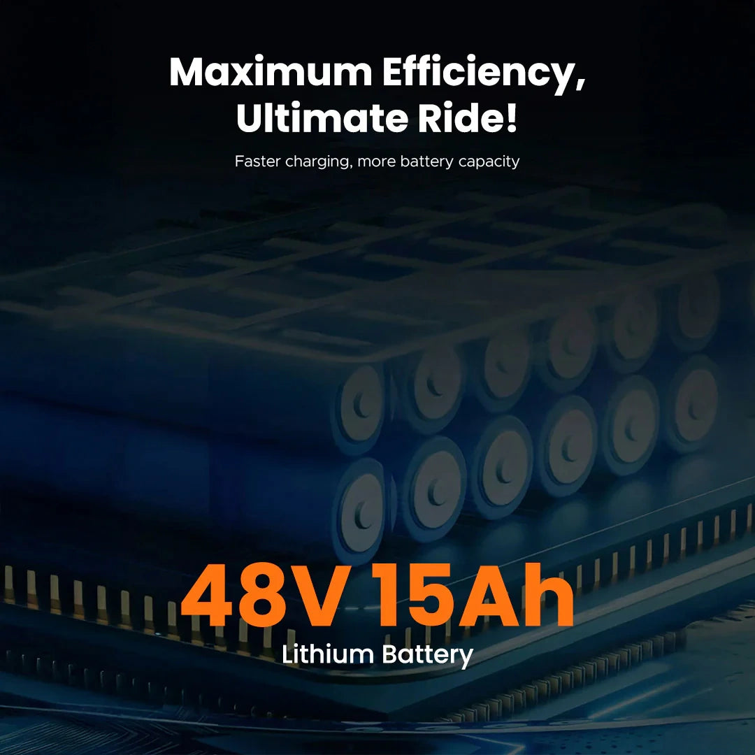 ocean cartz technical graphic of a high capacity battery showcasing the 48V 15Ah Lithium Battery cells. The image highlights the Maximum Efficiency, Ultimate Ride and promises faster charging and more battery capacity, emphasizing the long range and reliable power source for the heavy duty electric scooter.