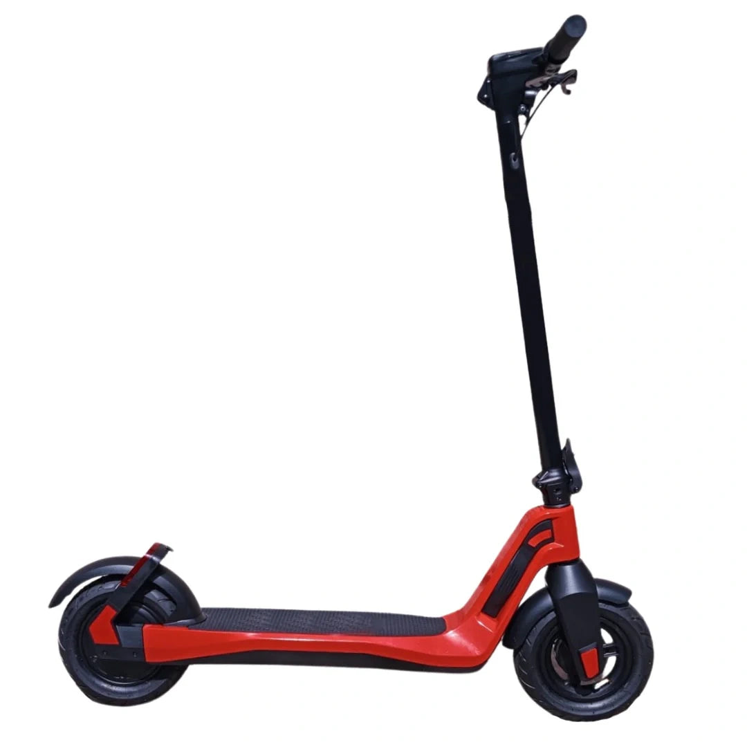 ocean cartz side view of a sleek red and black electric scooter with a non-slip deck and a tall black steering column. This portable folding e-scooter features a modern urban design and is the perfect electric kick scooter for adults seeking a fast and convenient last mile commute solution.