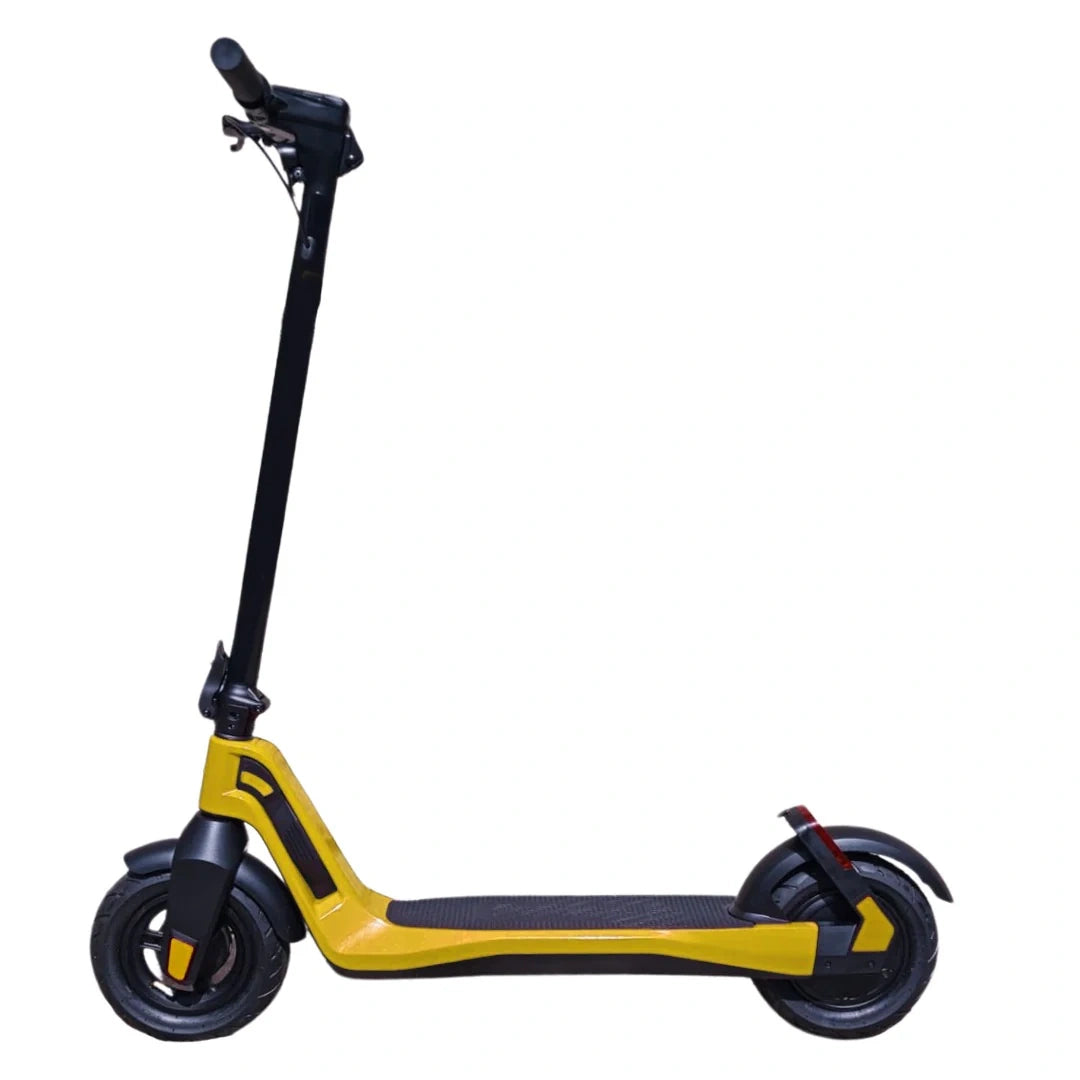 ocean cartz side profile of a bright yellow and black electric kick scooter with a long, slim deck and a tall steering column. This portable folding electric scooter features a high-visibility color and a modern design ideal for adult city commuting and efficient last mile transport.