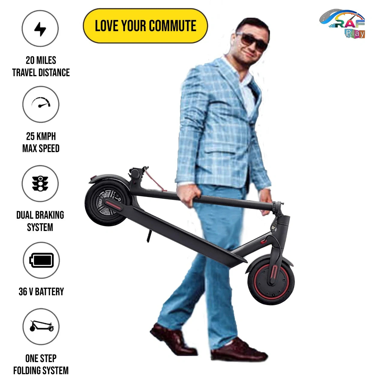 Man holding a folded electric scooter with product features listed on a white background