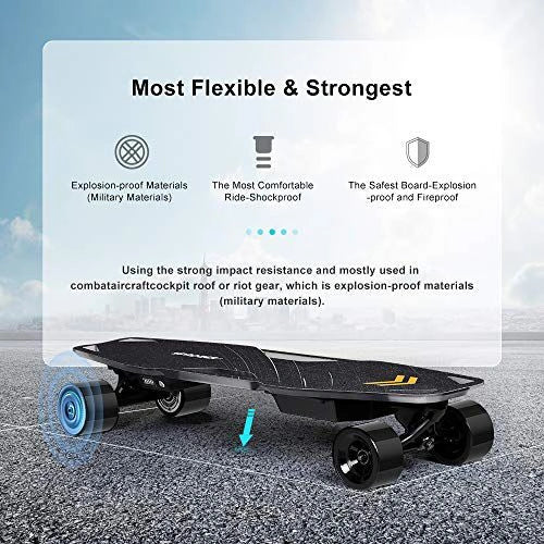 ocean cartz feature graphic for the electric skateboard detailing its durability and safety. The image highlights the Most Flexible and Strongest design, made with Explosion-proof Materials (Military Materials), emphasizing the strong impact resistance, shockproof ride, and safest board explosion-proof and fireproof features of the high quality electric longboard.