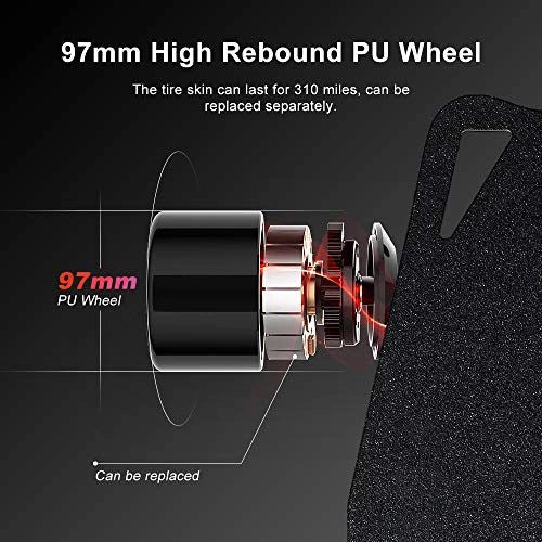 ocean cartz close-up graphic detailing the 97mm High Rebound PU Wheel of the electric skateboard. The image highlights the replaceable polyurethane wheel skin which can last for 310 miles, emphasizing the durable and smooth-riding wheels and long-lasting components of the electric longboard.