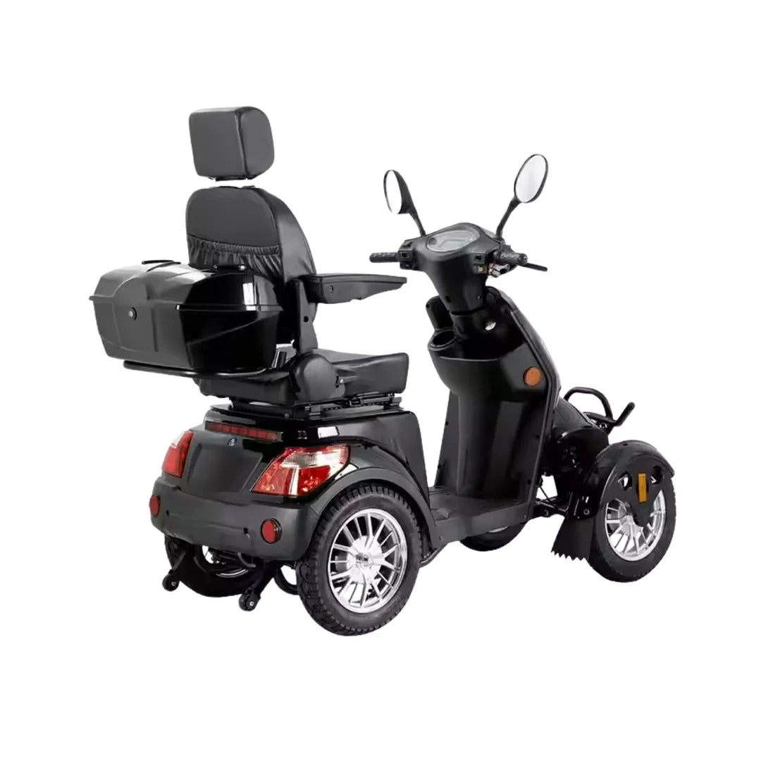 cean cartz rear view of a black four wheel electric mobility scooter showing the large, lockable rear storage compartment and high-back captain seat. The image emphasizes the heavy duty wheels, bright tail lights, and overall stability of this premium outdoor mobility vehicle for long range travel.
