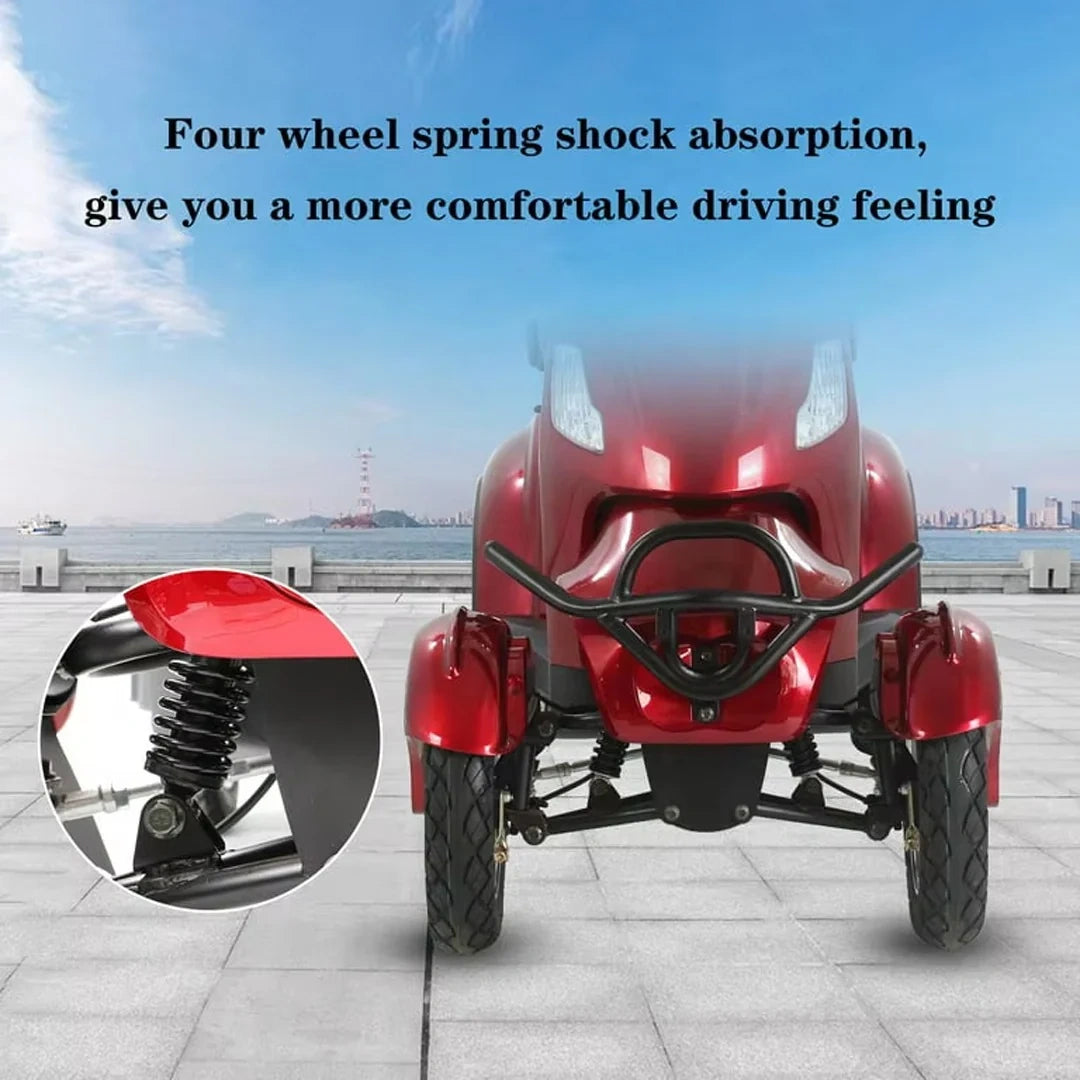 ocean cartz front view highlighting the four wheel spring shock absorption system on the heavy duty red mobility scooter. The close-up inset image clearly shows the powerful shock absorbers designed to provide a smooth and comfortable ride on this all terrain electric scooter, making it ideal for seniors.