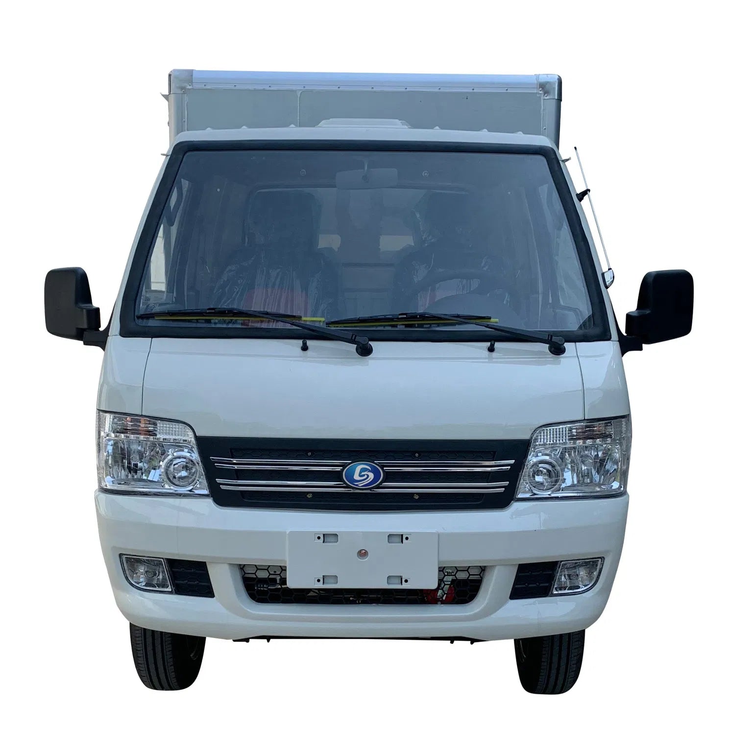 ocean cartz head-on studio shot of a white electric box truck with a single cab and an enclosed rear cargo area, set against a white background. This electric commercial utility vehicle is a compact electric mini truck or delivery van featuring a large windshield, twin headlights, a black grille, and front fog lights. The image highlights the professional front design of the electric work truck.