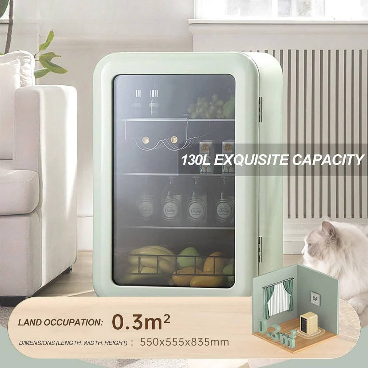 Small refrigerator with interior display in a living room setting, featuring text on capacity and dimensions.