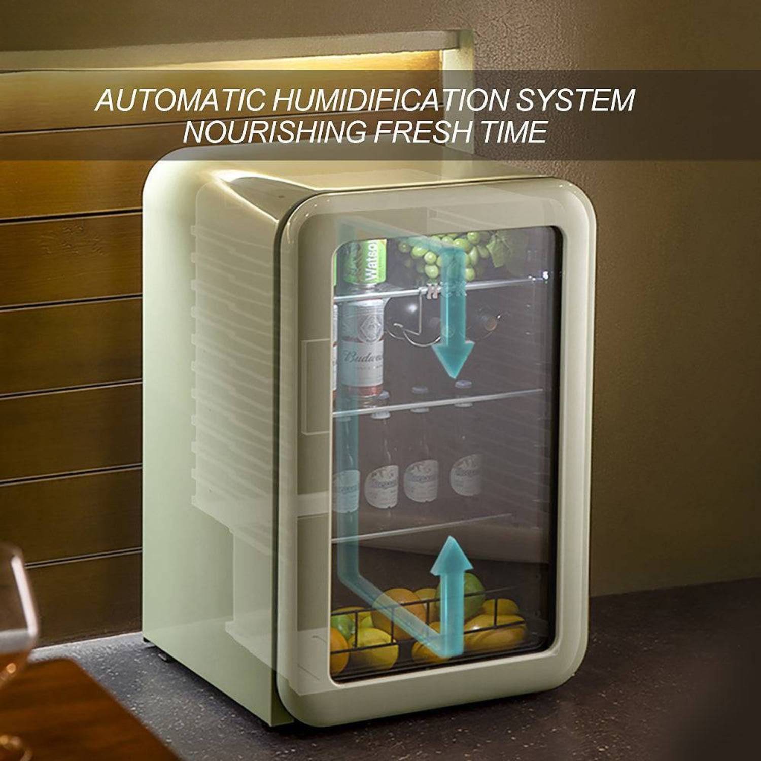 Small refrigerator with an automatic humidification system on a wooden surface.