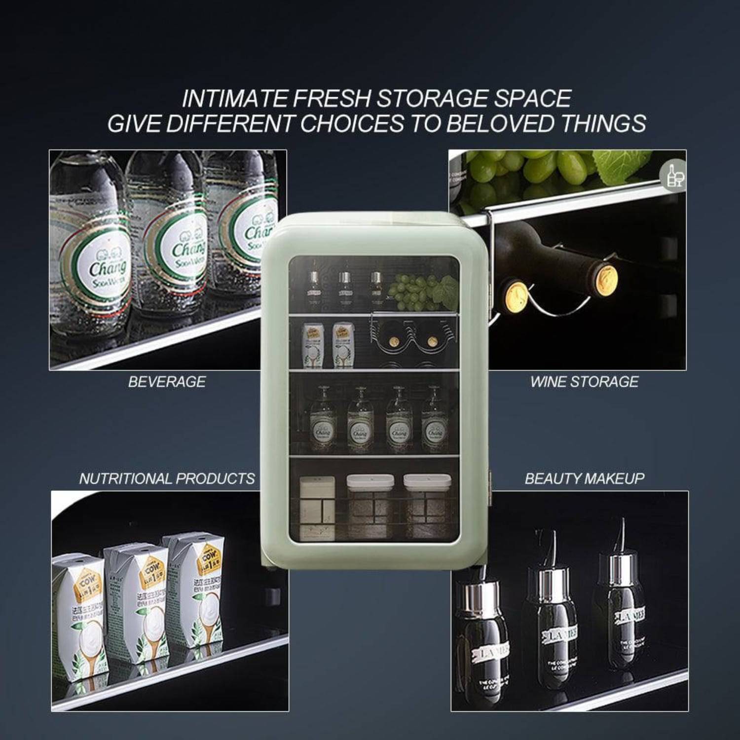 Smart refrigerator with various product categories displayed on a dark background