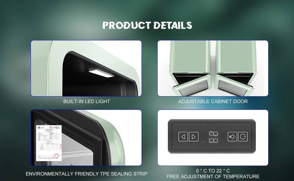 Product details of a cabinet with built-in LED light, adjustable cabinet door, and temperature control.