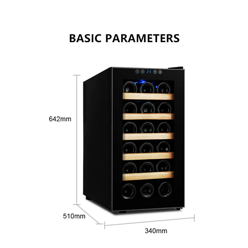 Wine cooler with dimensions labeled on a white background