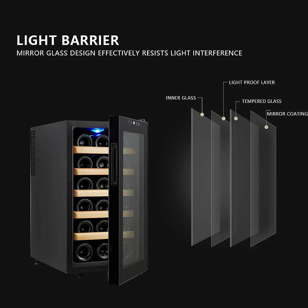 Wine cooler with light barrier feature and Coolbaby branding on a black background