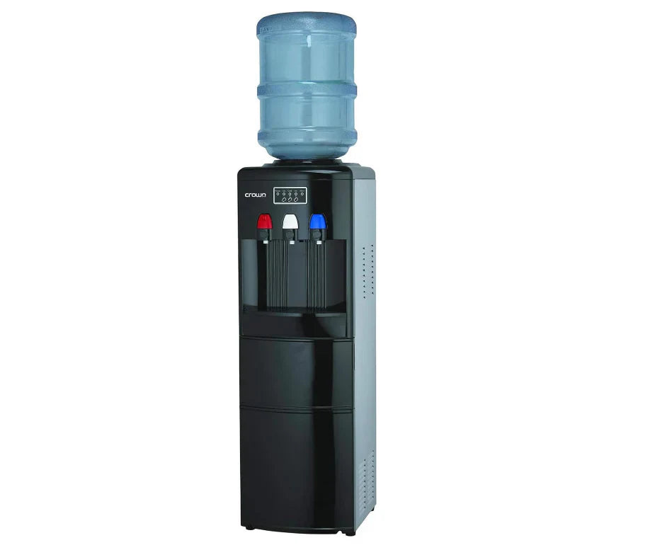 Black water cooler with a blue water dispenser on a white background