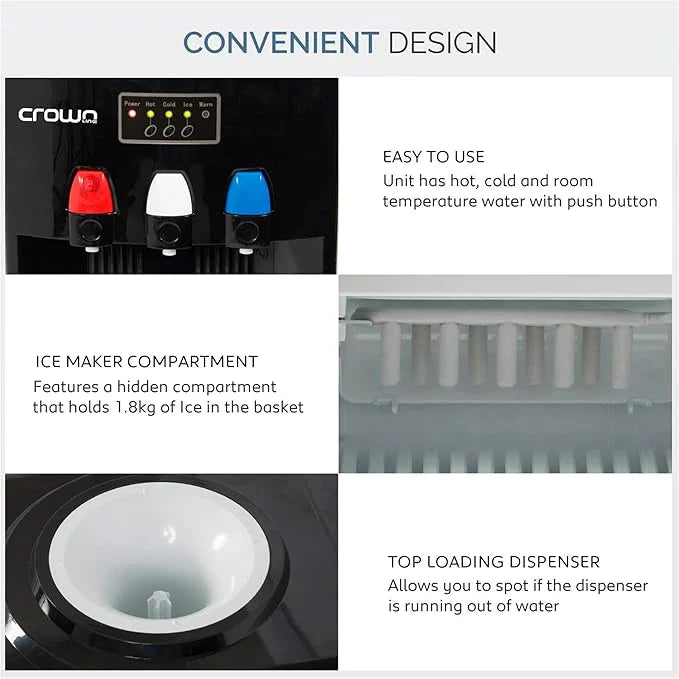 Features of a water dispenser with ice maker and push button controls.