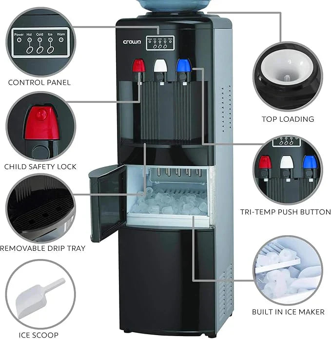 Black water cooler with labeled features on a white background