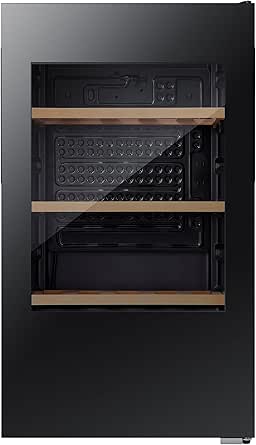 Black wine cooler with wooden shelves on a black background