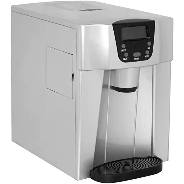 Stainless steel water dispenser with digital display on a white background