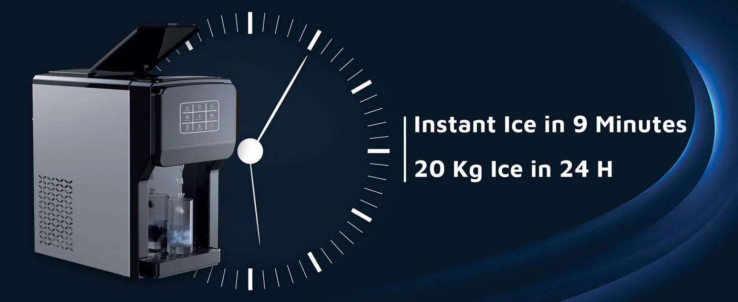 Ice machine with a clock graphic and text on a dark blue background
