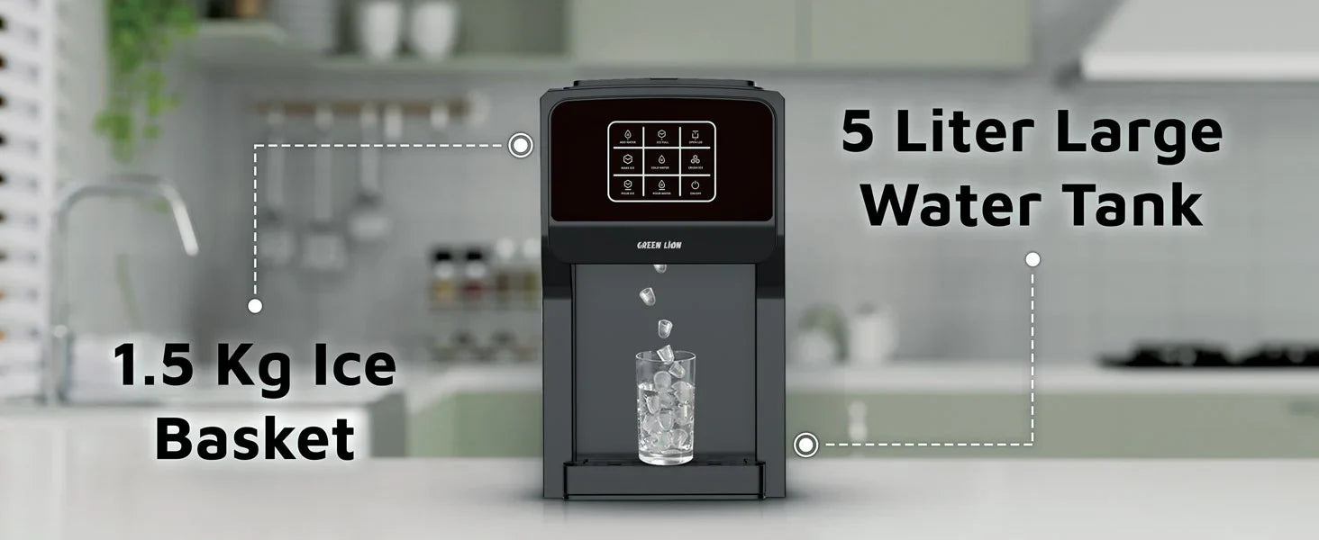 Black ice maker with text highlighting features like a 5-liter water tank and 1.5 kg ice basket, set against a blurred kitchen background.