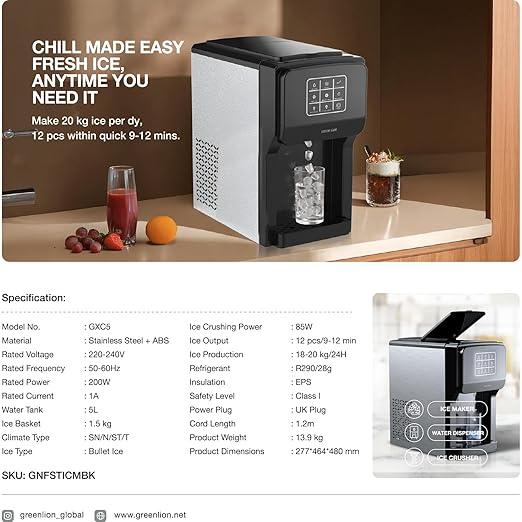 Ice maker machine with a glass of juice and an orange on a wooden surface, with text about ice production.