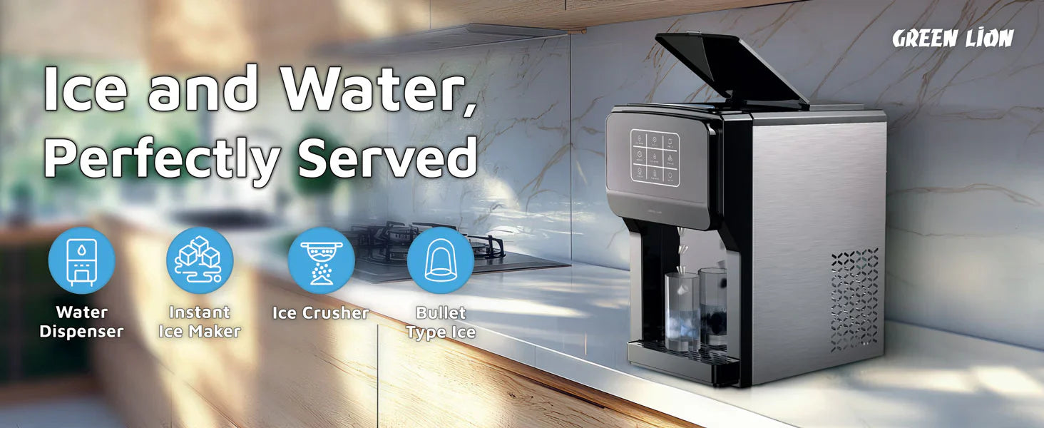 Modern kitchen appliance with ice and water dispenser, featuring Green Lion branding.