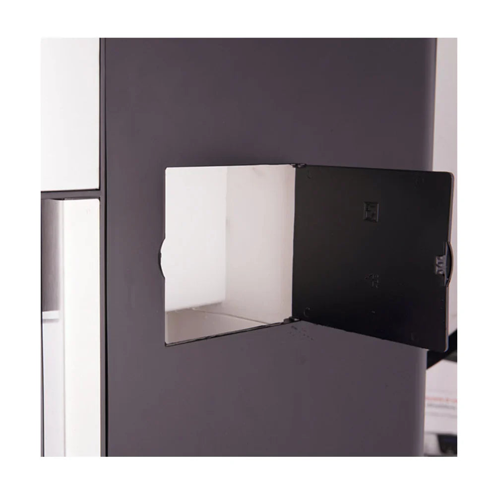 Black laptop on a white surface with a dark gray background