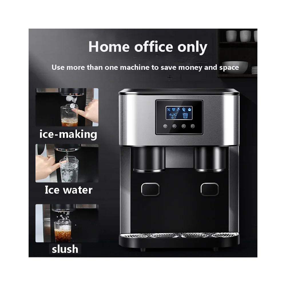 Multifunctional home office machine with ice-making, water, and slush capabilities.