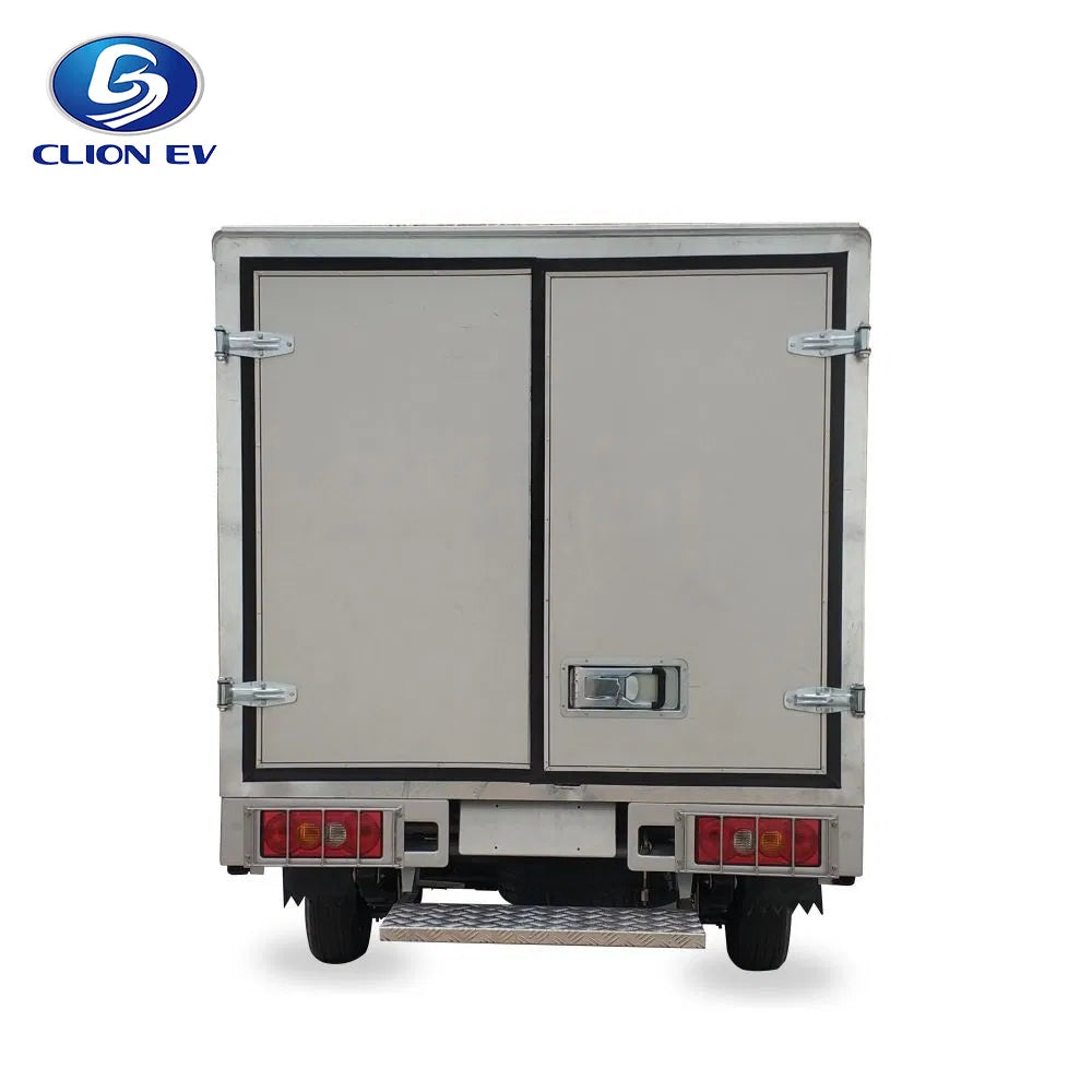 Back view of a small trailer with doors and CLION EV logo on a white background
