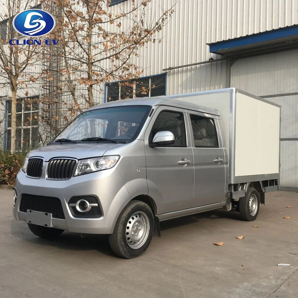 Silver electric van with a cargo box parked in front of a building, featuring the CLION EV logo.