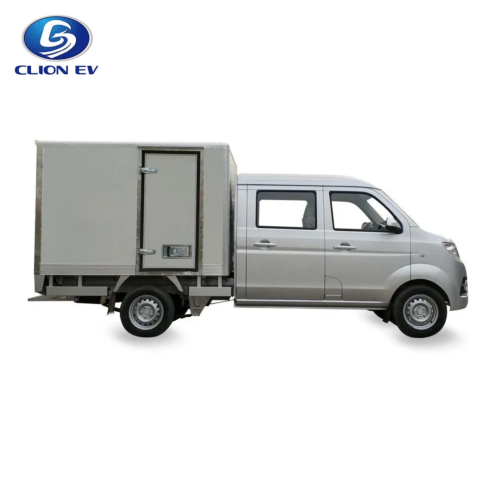 Small electric delivery truck with a white background and Clion EV logo.