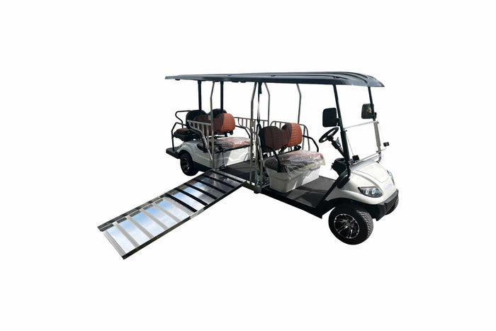Electric golf cart with a extended ramp on a white background