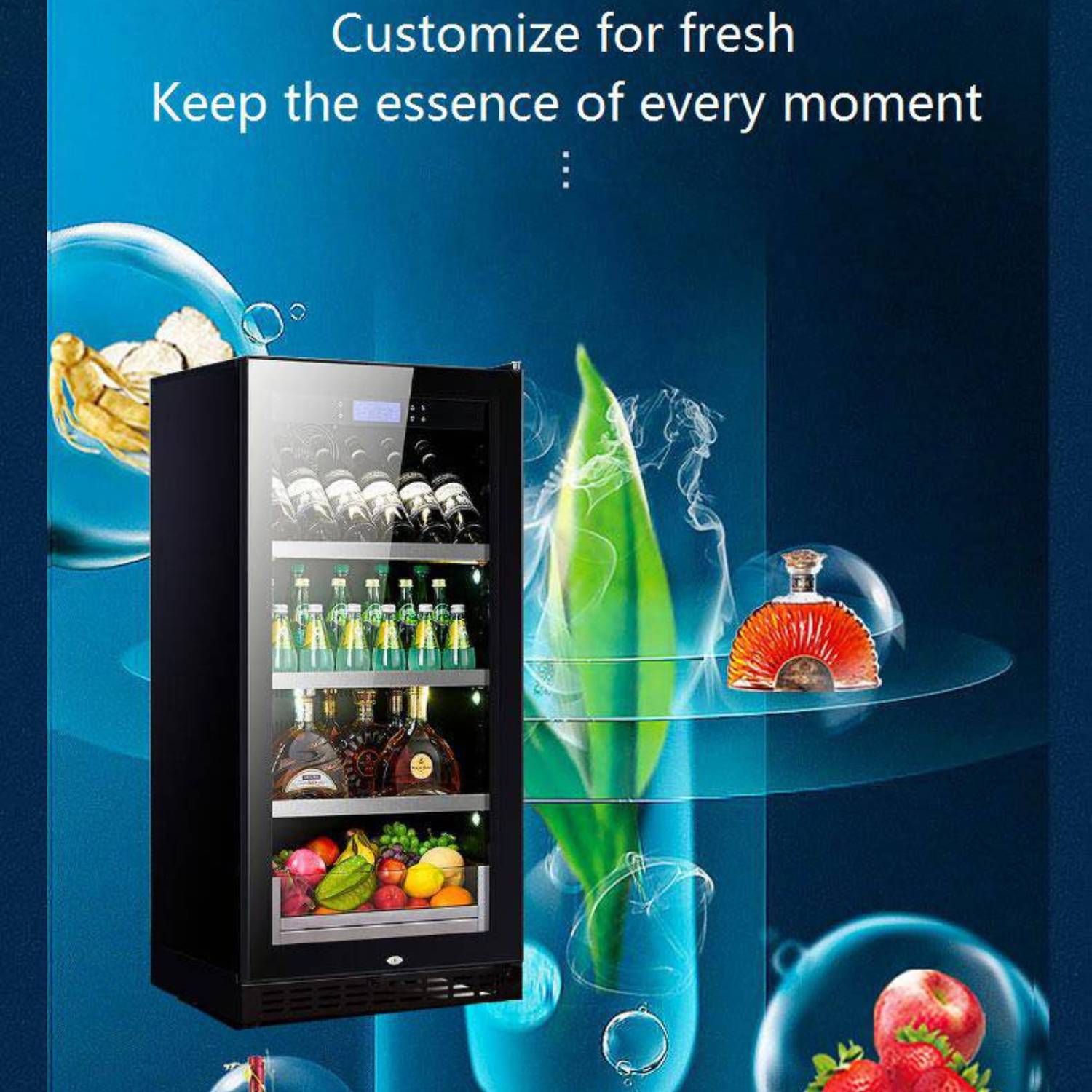 Black wine cooler with drinks and fruits on a blue background with decorative elements.