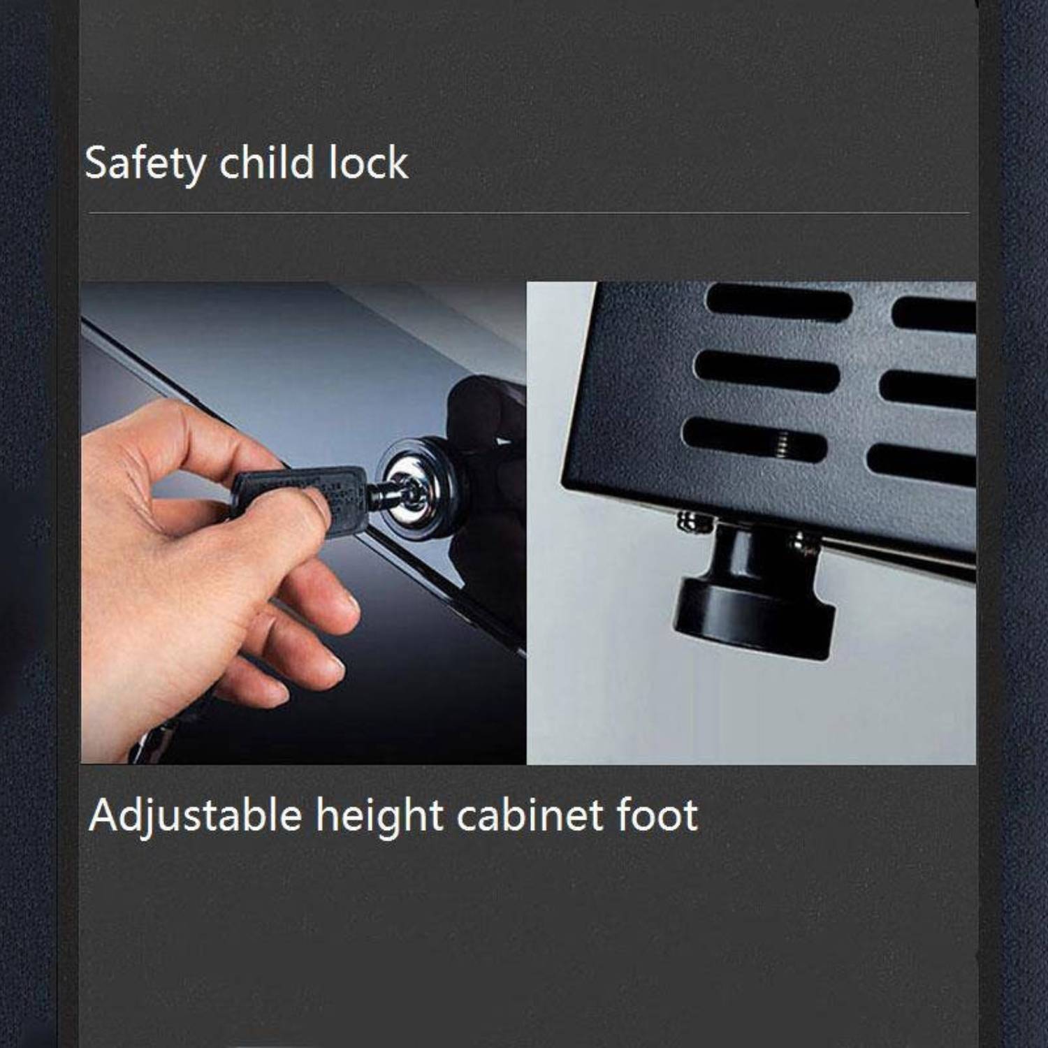 Safety child lock and adjustable height cabinet foot features on a product display.