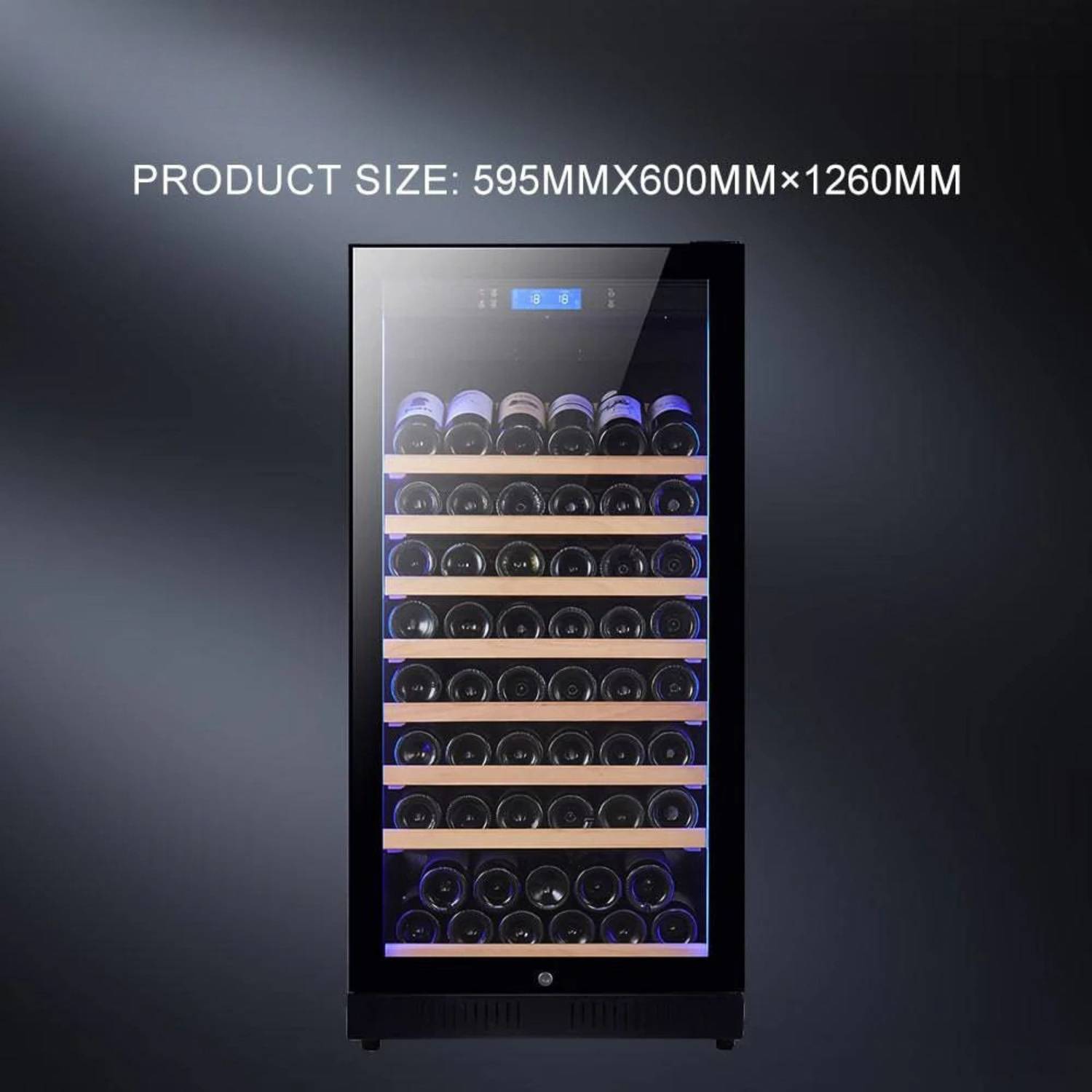 Wine cooler with wine bottles on a dark background