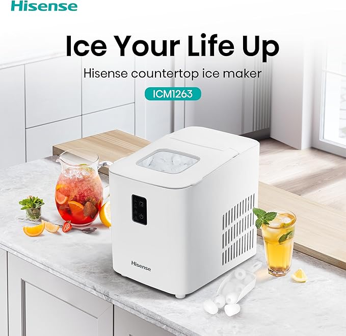 Hisense countertop ice maker on a kitchen counter with drinks and ice cubes.