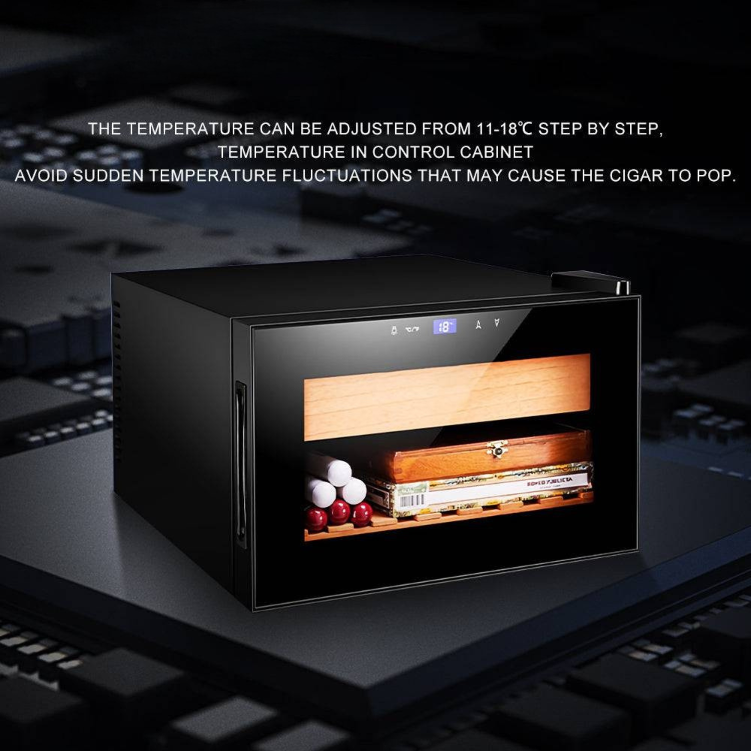 Cigar humidor with temperature control on a dark background