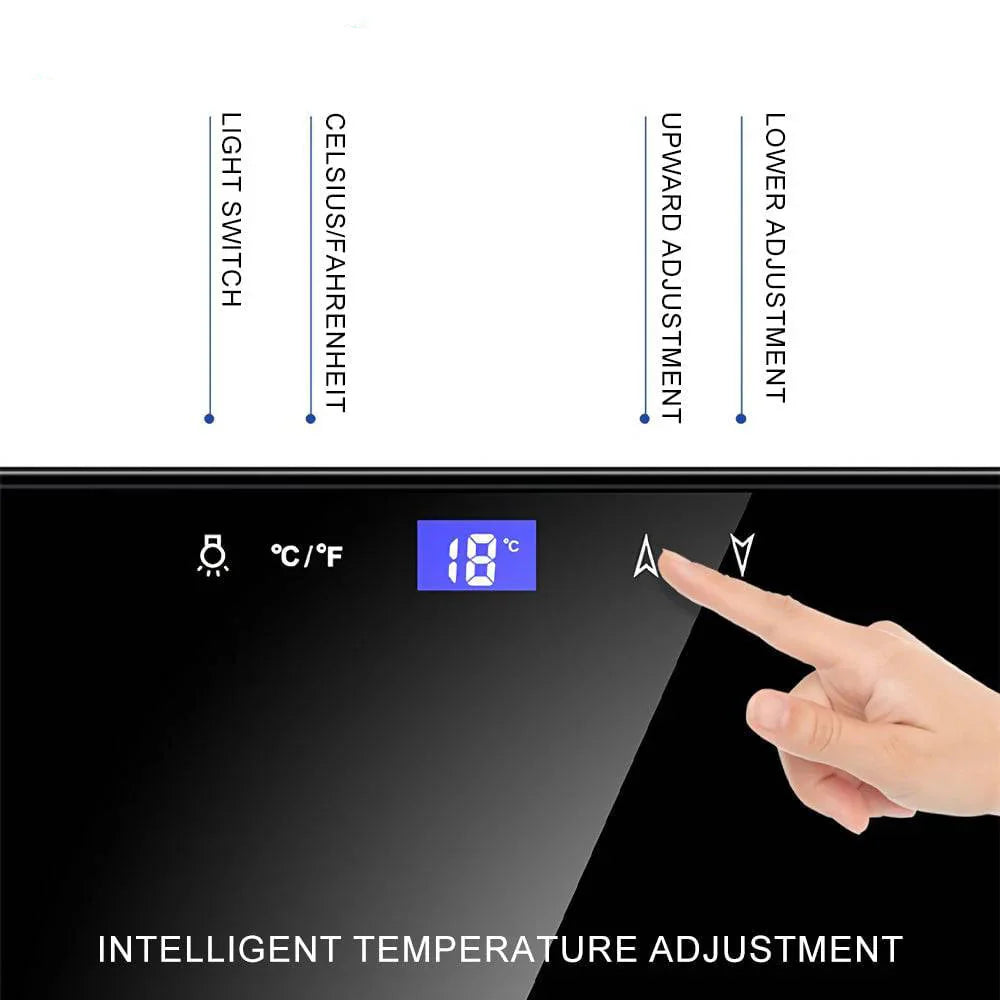Digital display with temperature control features and a hand adjusting settings on a white background.