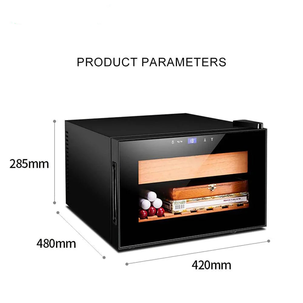 Black wine cooler with dimensions and COOLBABY branding on a white background