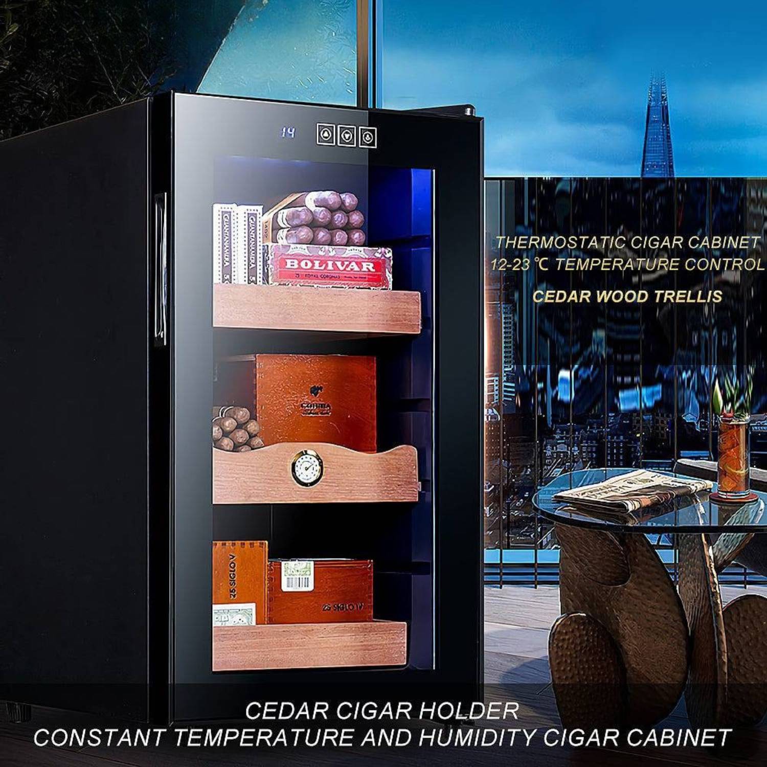 Cedar cigar holder with shelves against a cityscape background