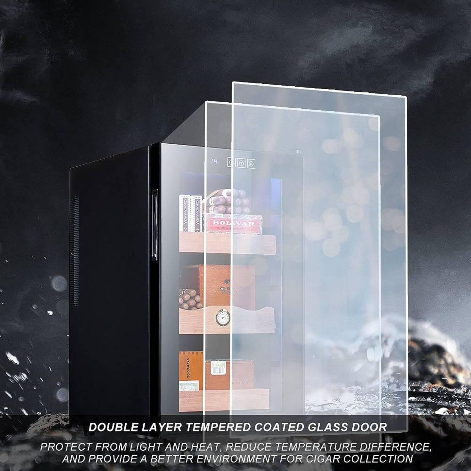 Cigar humidor with double-layered tempered glass door on a dark background